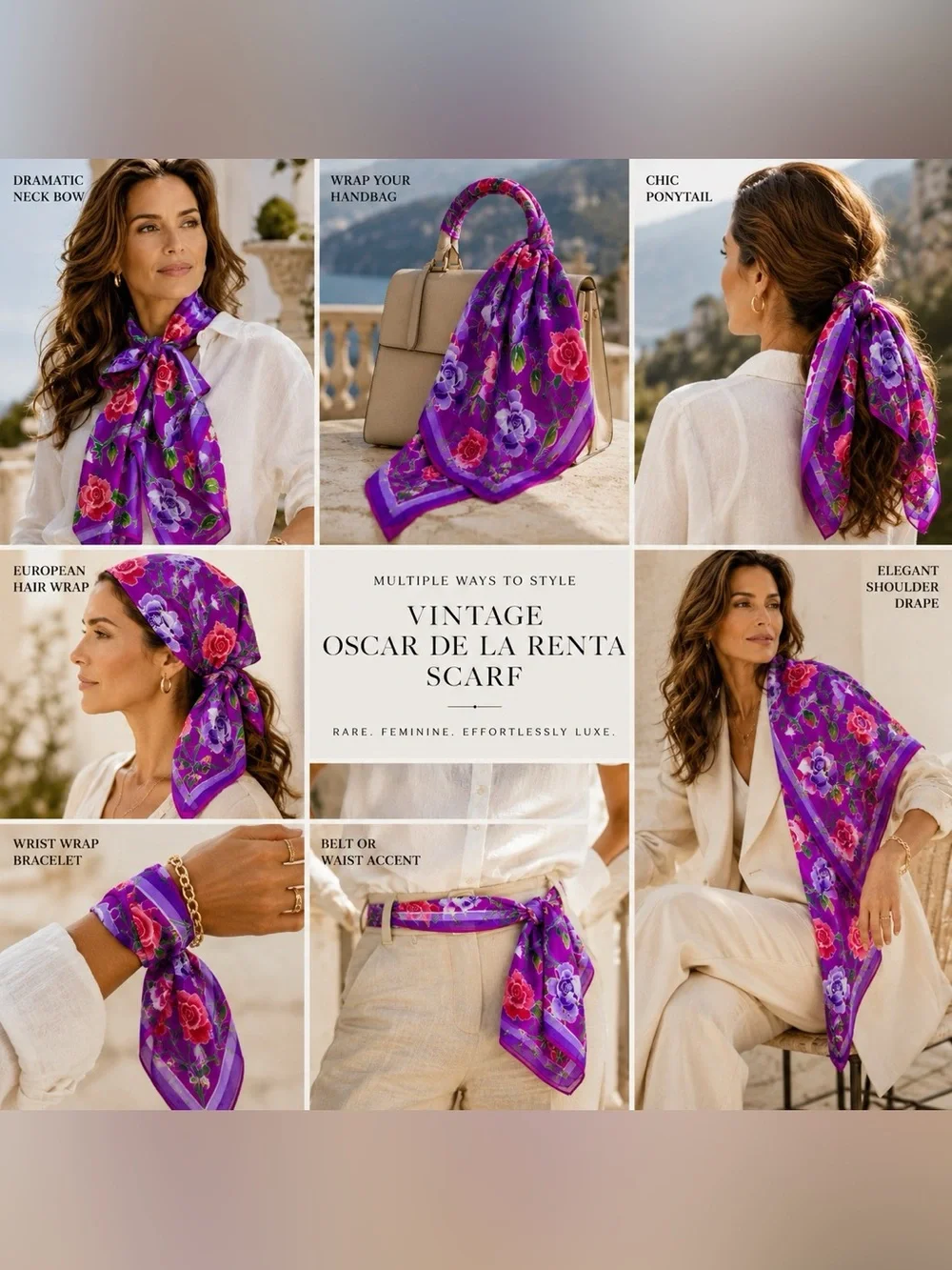 Vintage Oscar‎ De La Renta Floral Long Scarf Magenta Purple Rose Print